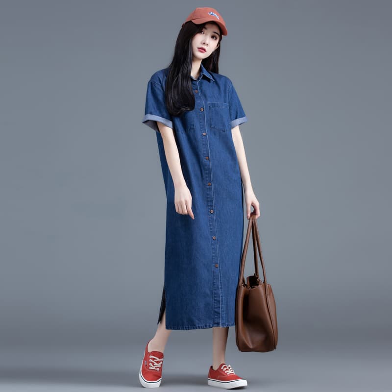 ロングワンピース デニム ゆったりシルエット 前開きデニムワンピース