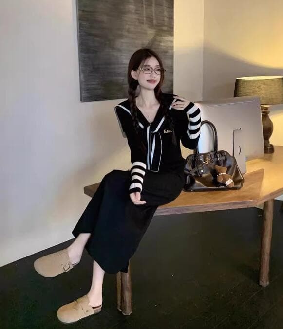 秋冬新作 セーラー風ニット ロングワンピース