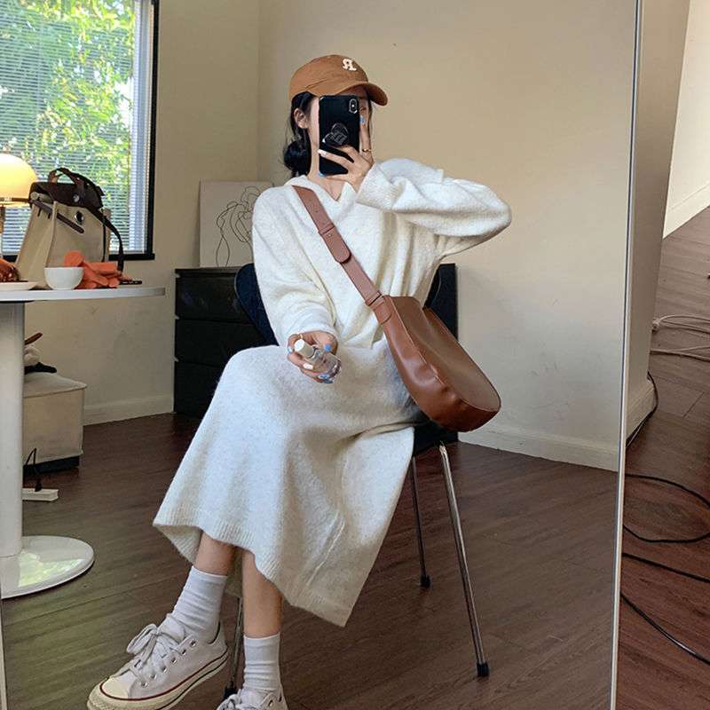 ロングワンピース カシミヤ混 リラックスフードワンピース