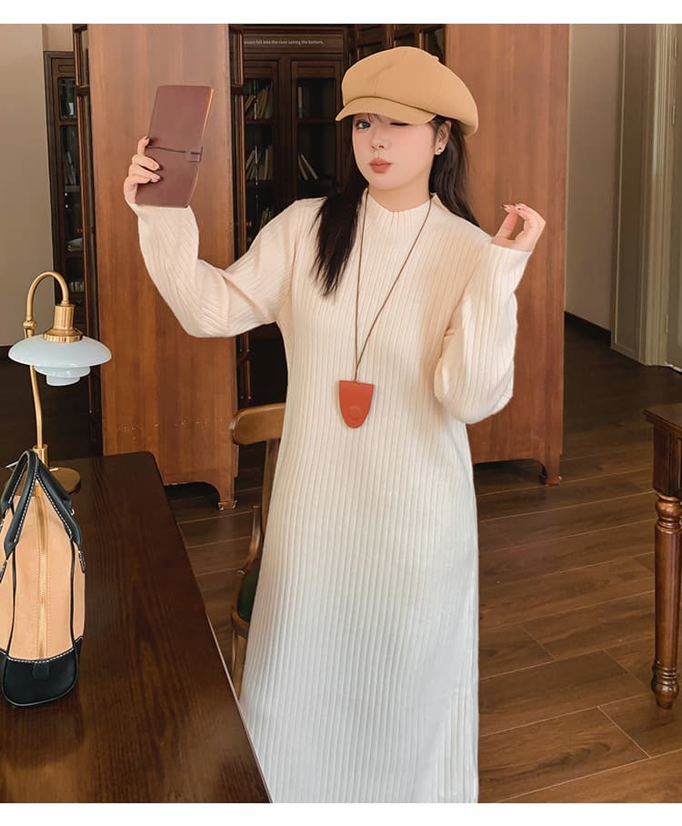 ロングワンピース ふんわり優美なリブ編みハイネックニットワンピース