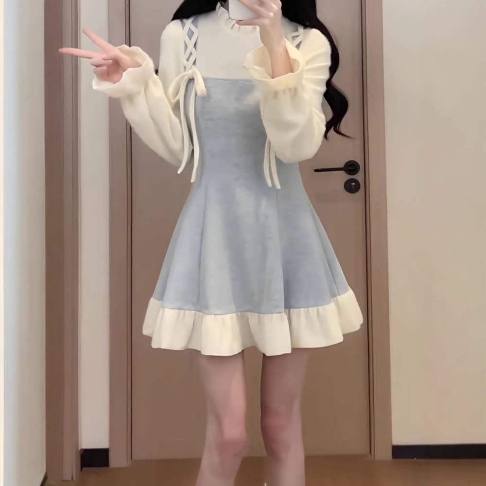 ロングワンピース 姫系リボンレース飾り付きティアードワンピース