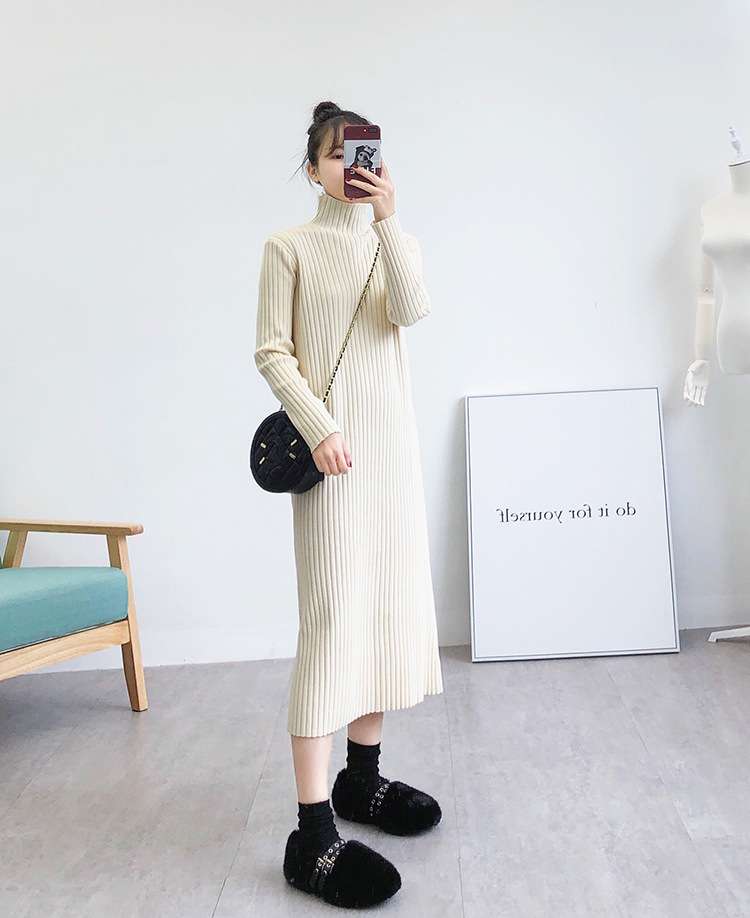ロングワンピース リブ編みタートルネックミディアム丈ワンピース