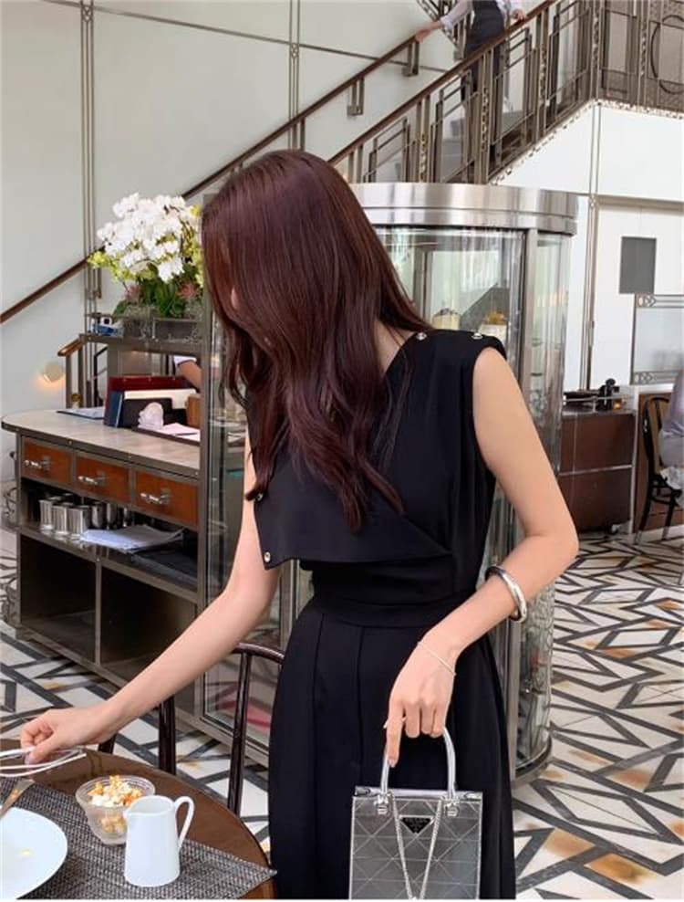 ロングワンピース 夏用ブイネックノースリーブウエスト絞りスリット入りワンピース