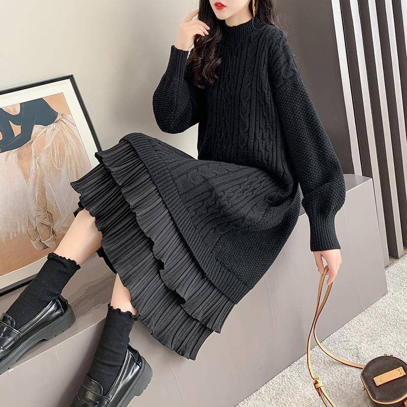 ロングワンピース ニットプリーツ重ねドレープワンピース