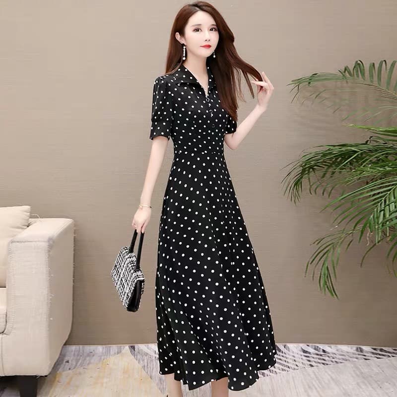 ロングワンピース シャツ 水玉模様半袖巻きシャツワンピース