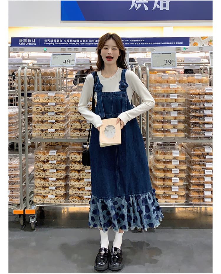 ロングワンピース ハートフリルデニムサロペットワンピース