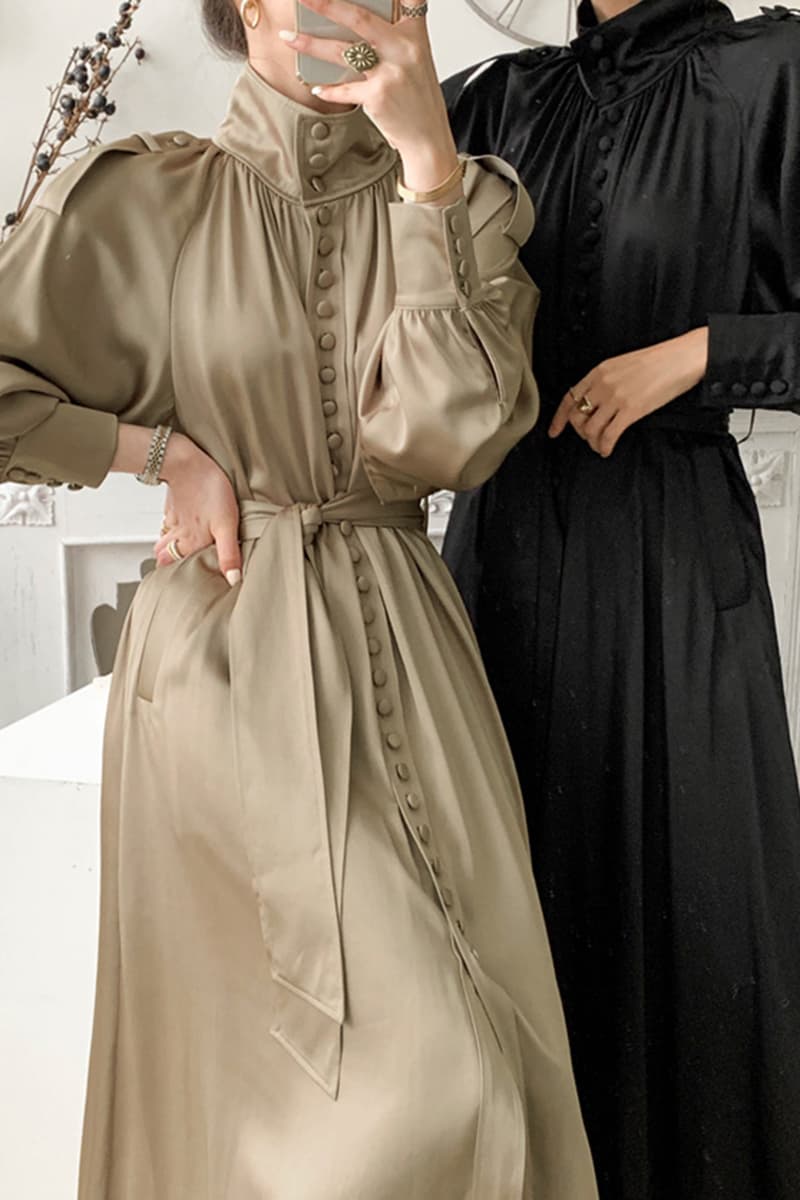 ロングワンピース 韓国風シャツワンピース光沢素材ボタン付きロング丈