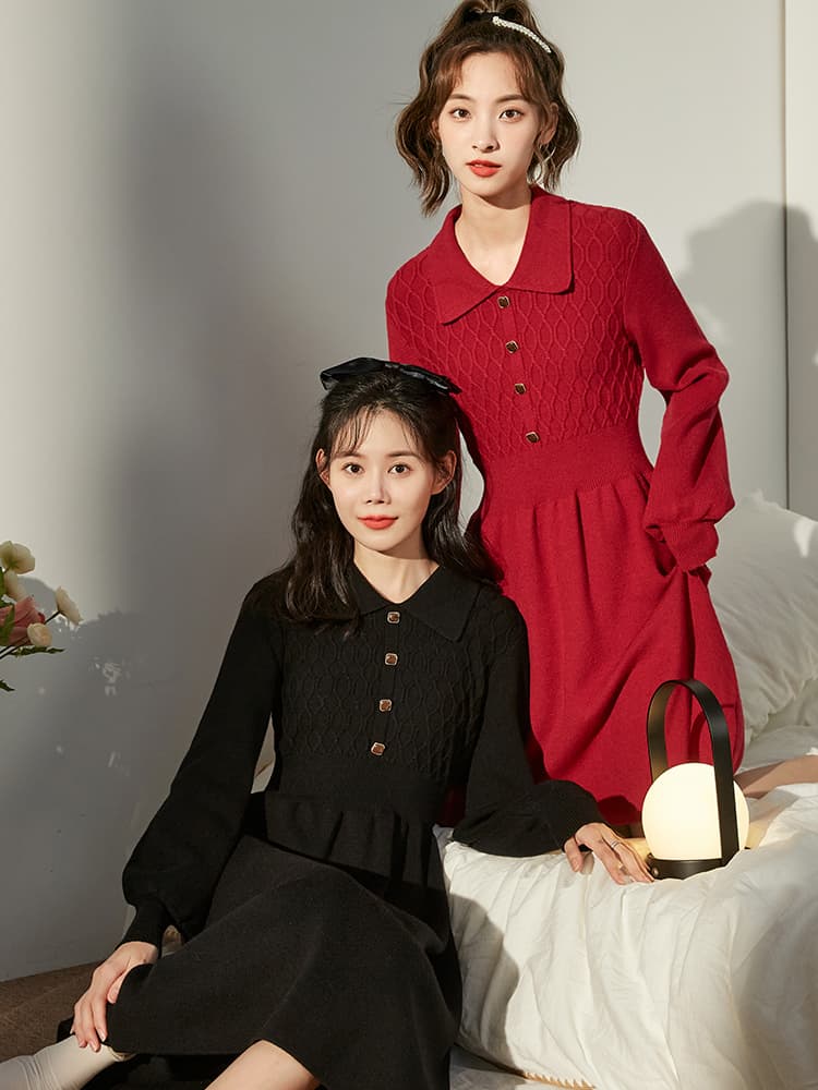 ロングワンピース ニット リブ編み襟付きフレアニットワンピース