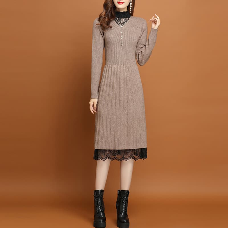 ロングワンピース レース裾飾り ニット編みロングワンピース