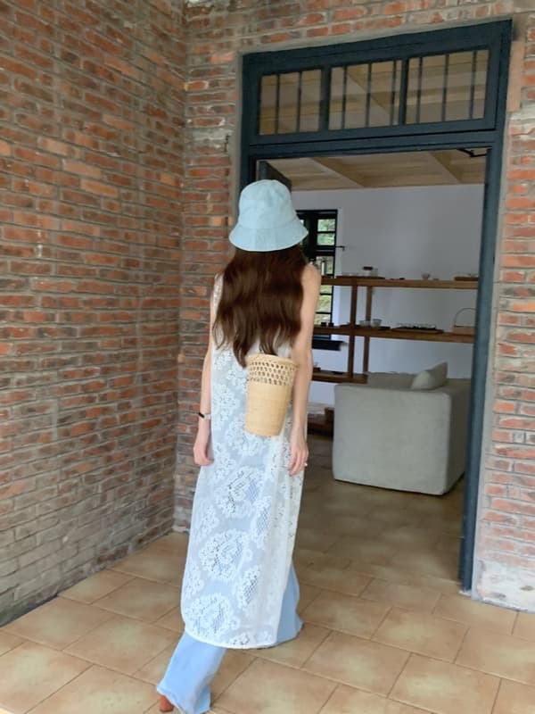 ロングワンピース 透かし編みニット ロング丈ノースリーブワンピース