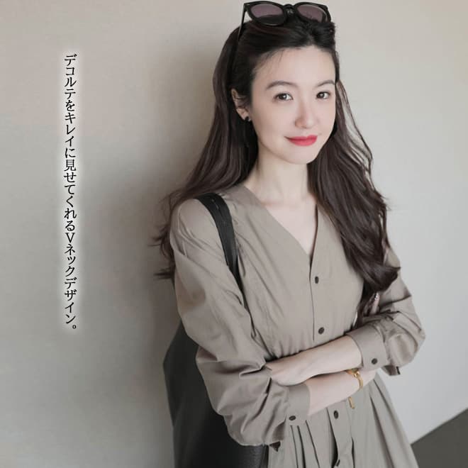ロングワンピース きれいめマキシ丈ワンピース長袖ブイネック羽織りベージュ