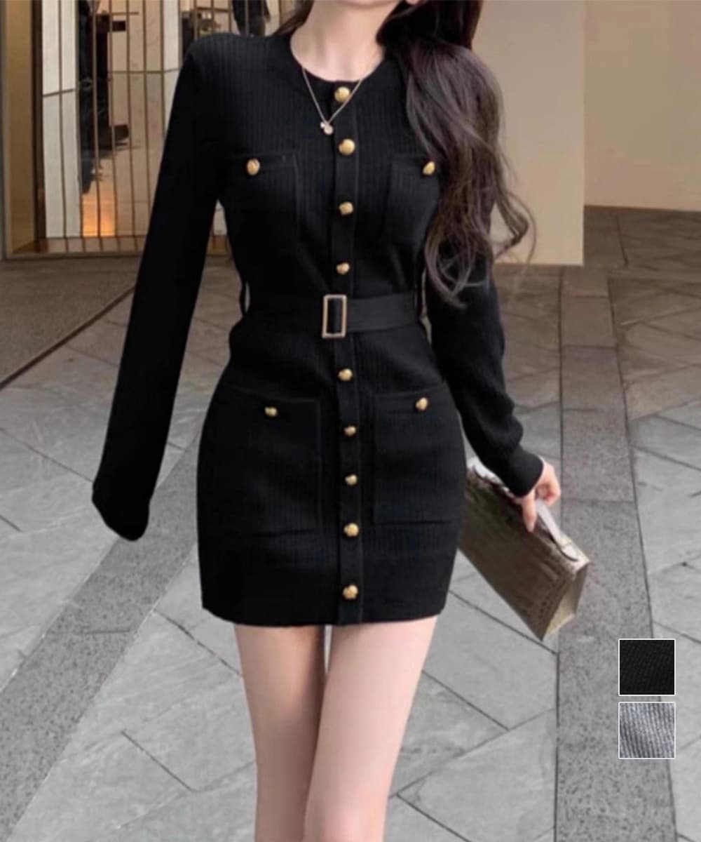 ロングワンピース 金ボタンニットワンピース上品長袖