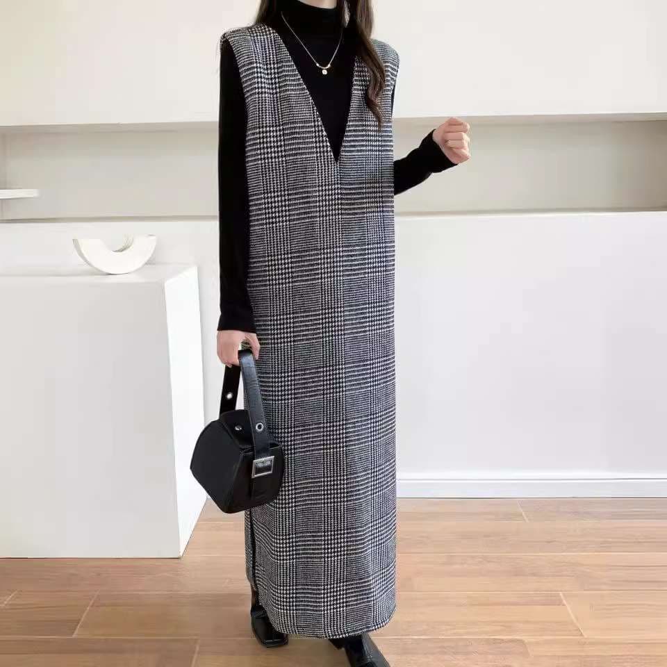 ロングワンピース シンプル格子柄ジャンパースカート