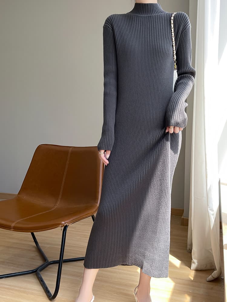 ロングワンピース ニット 立体感のある薄手リブニットロングワンピース