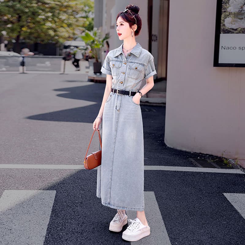 ロングワンピース デニム カジュアル襟付きロングデニムワンピース
