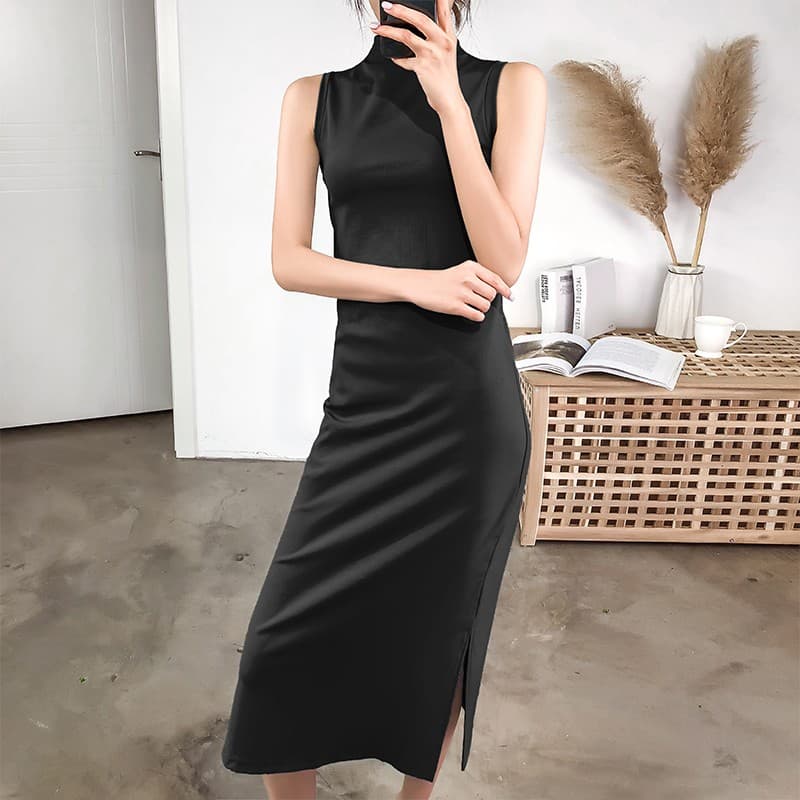 ロングワンピース タートルネック すらっと美シルエット ノースリーブタートルネックワンピース