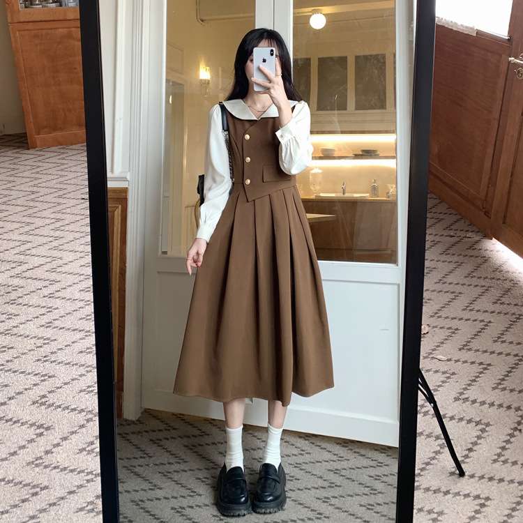 ロングワンピース 清楚系プリーツ ジャンパースカート