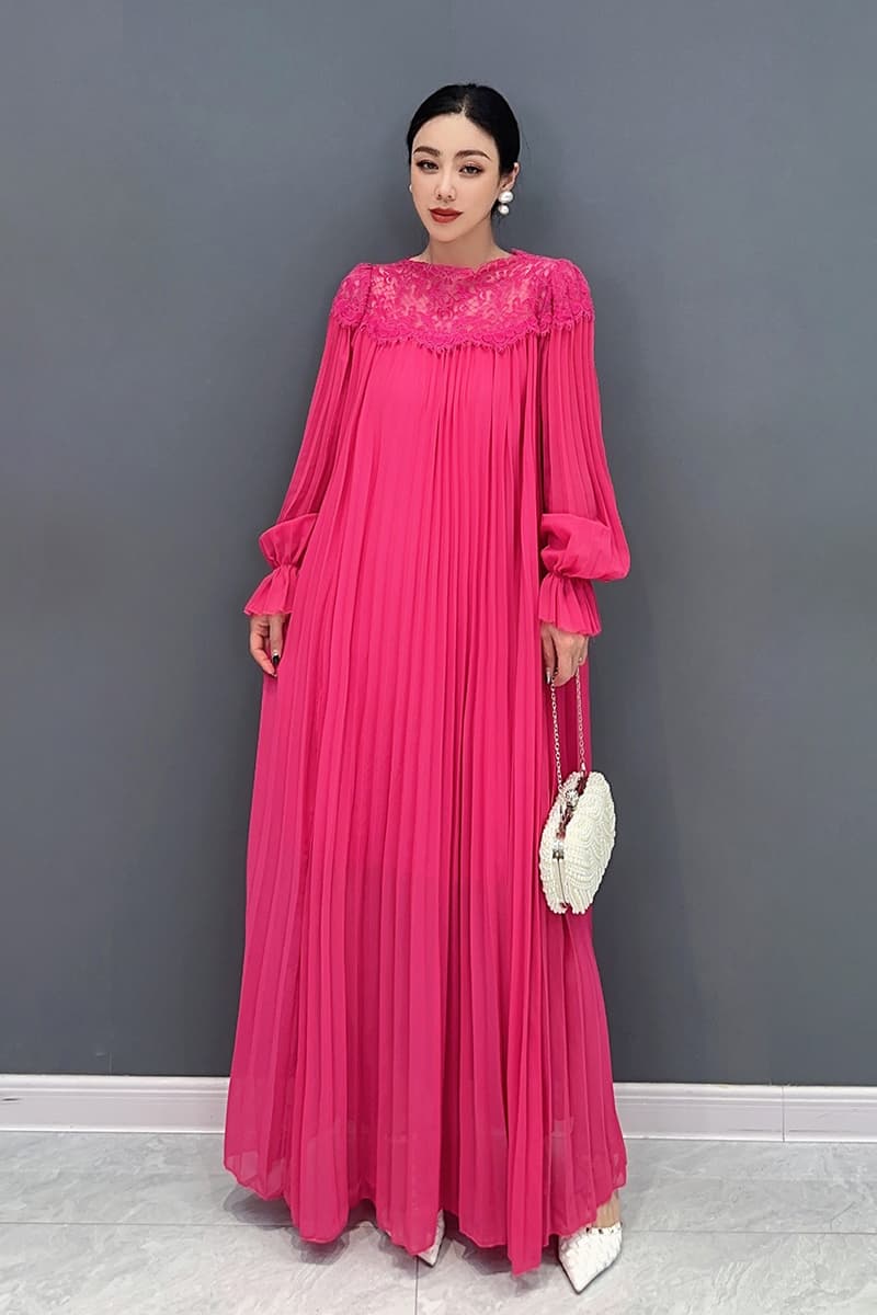 ロングワンピース レース 胸元レース透け感プリーツドレス