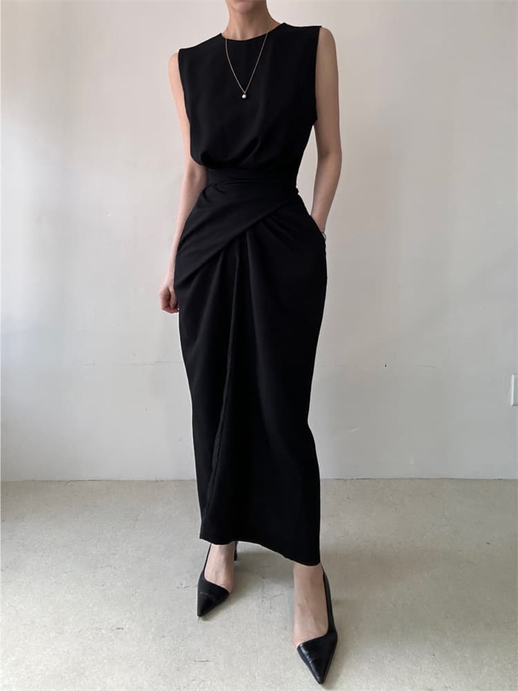 ロングワンピース 結び目デザイン ノースリーブ ロング丈 ワンピース