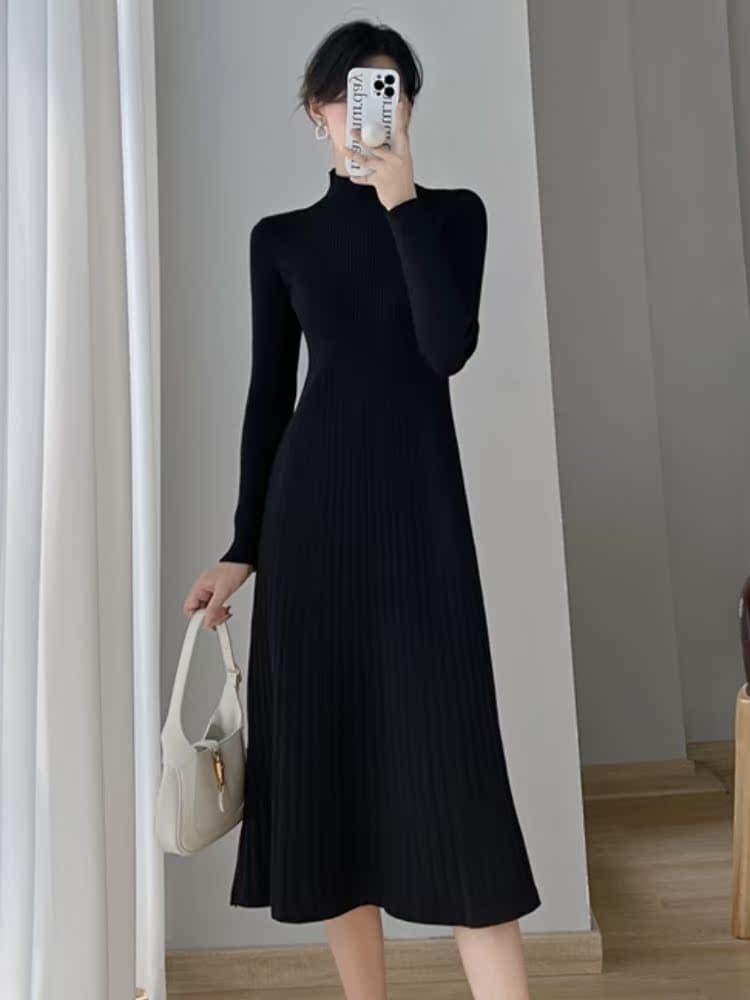 ロングワンピース ニット リブ編み フレアシルエット ロングニットワンピース