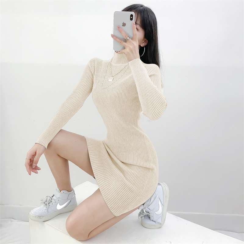 ロングワンピース リブニットスリムタートルワンピース