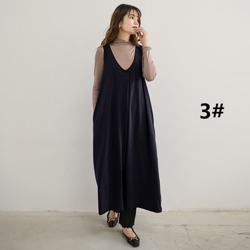 ロングワンピース レディース ロング丈ノースリーブワンピース ブイネック ジャンパースカート