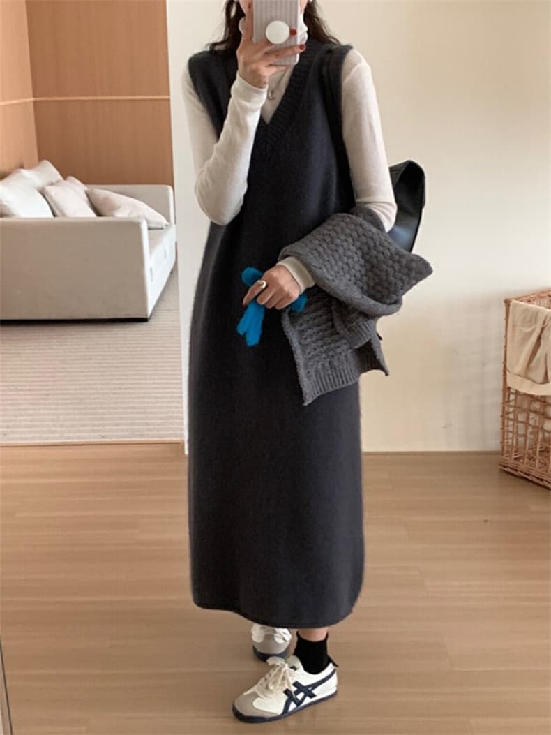 ロングワンピース シンプル上品ニットベストワンピース