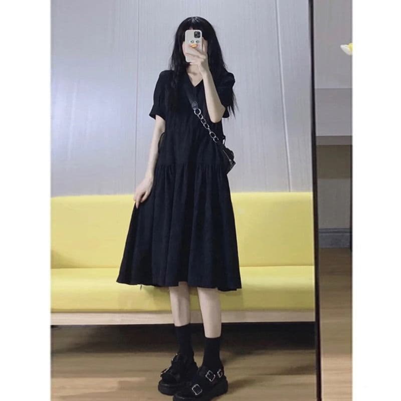 ロングワンピース シャツ ティアード切替半袖シャツワンピース