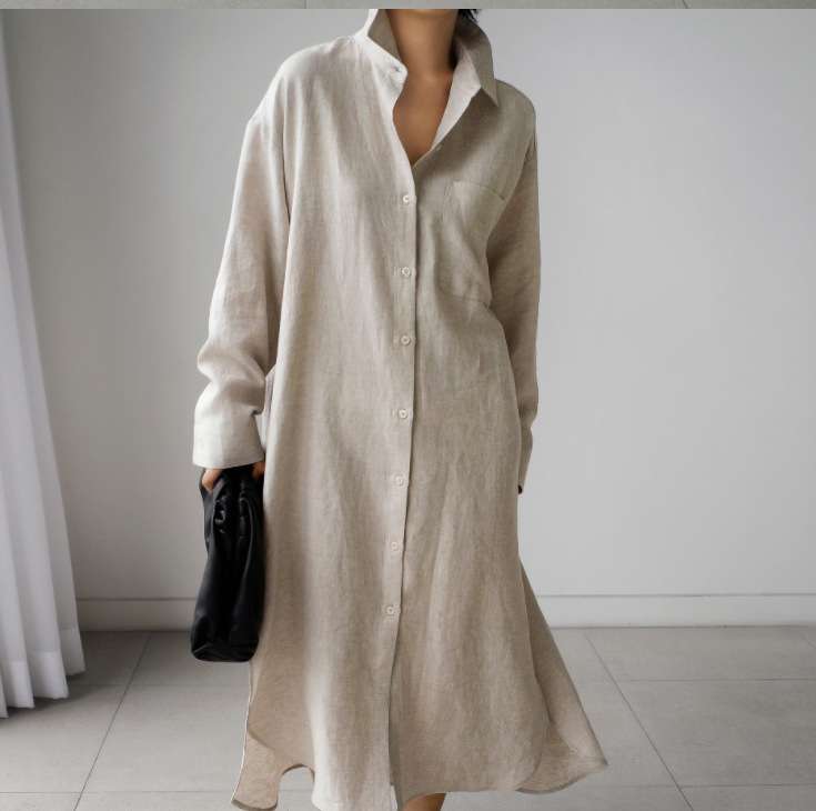 ロングワンピース リネン素材のスキッパー襟シャツワンピース