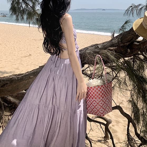ロングワンピース キャミソール夏ワンピース 大人可愛い紫色 リゾート結婚式対応