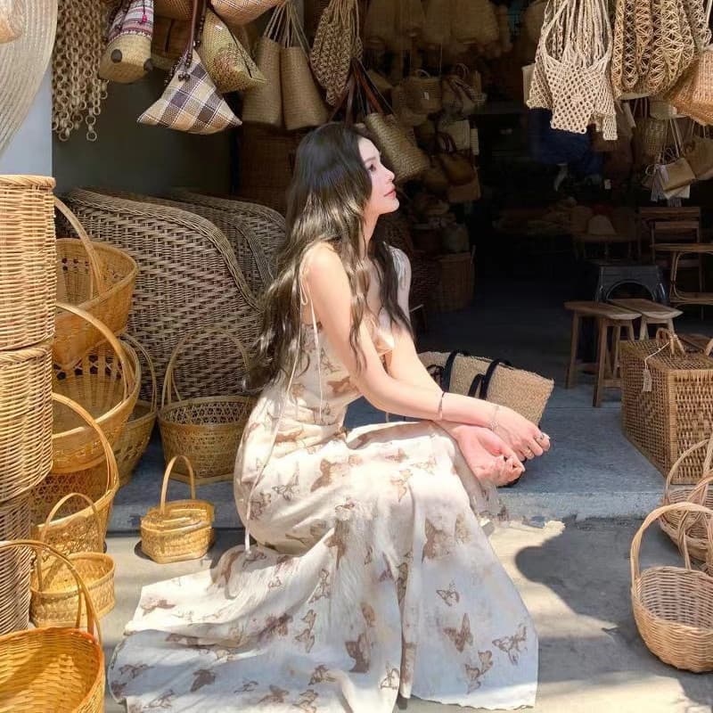 ロングワンピース 舞い踊る蝶々シフォンワンピース