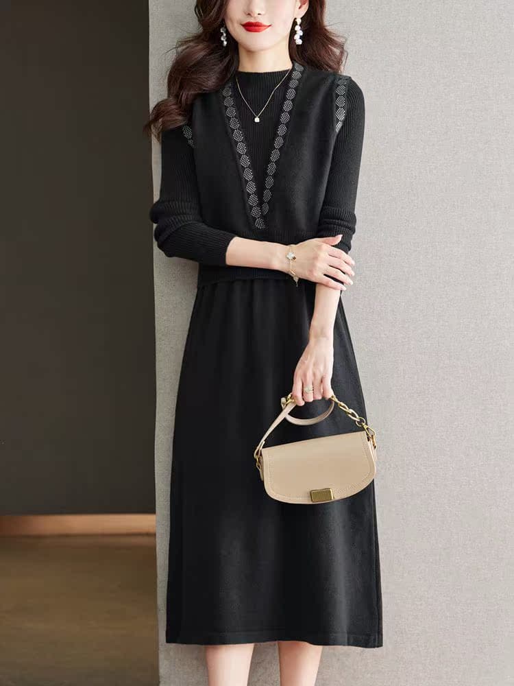 ロングワンピース ニット 上品装飾付きリブ編みミディワンピース