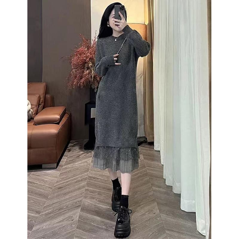 ロングワンピース レース裾デザイン リブニットワンピース