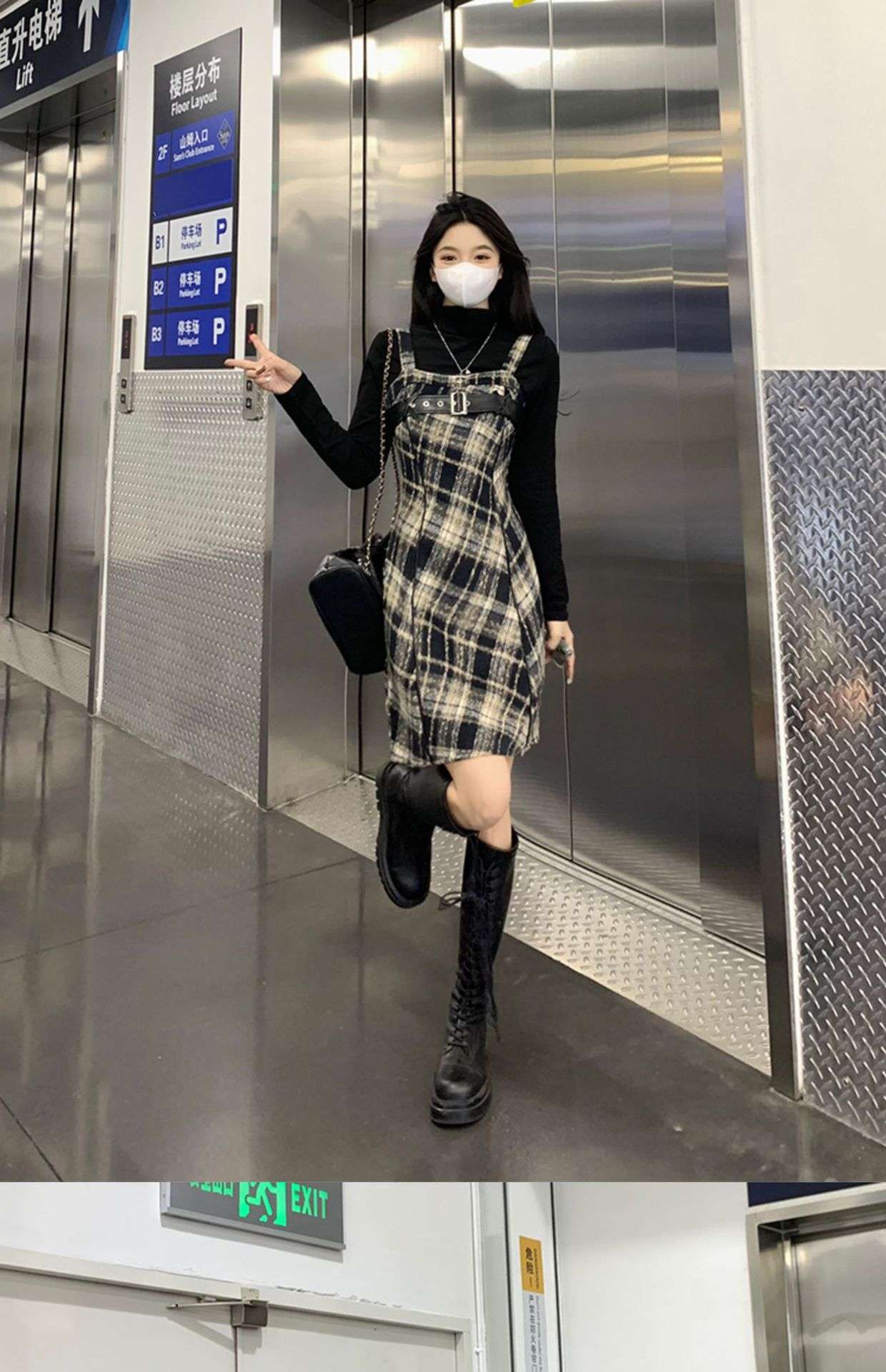 ロングワンピース レトロ調チェック柄ワンピース