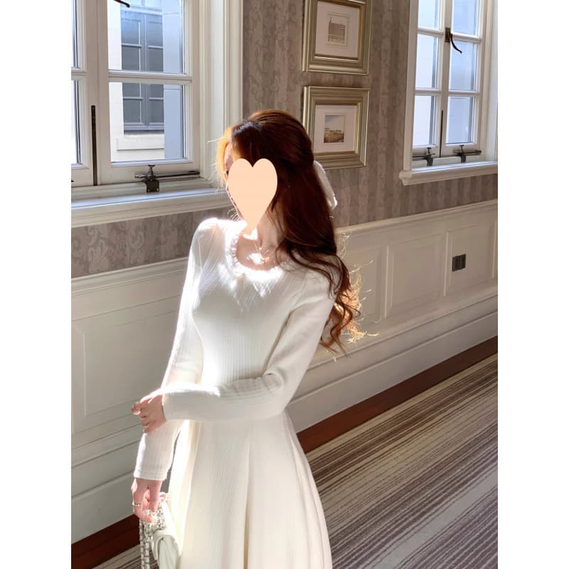 ロングワンピース エレガントな清楚系リブニットワンピース