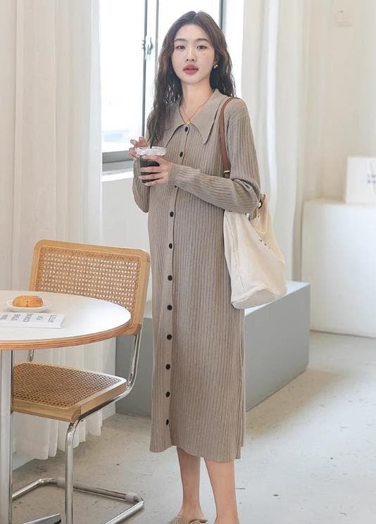 ロングワンピース ニットシャツワンピース レディース 妊婦対応 秋冬