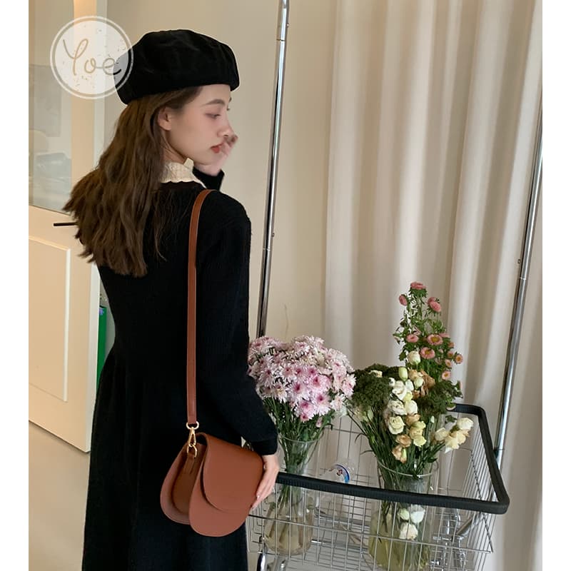 ロングワンピース ニット 襟付きコットンニットロングワンピース