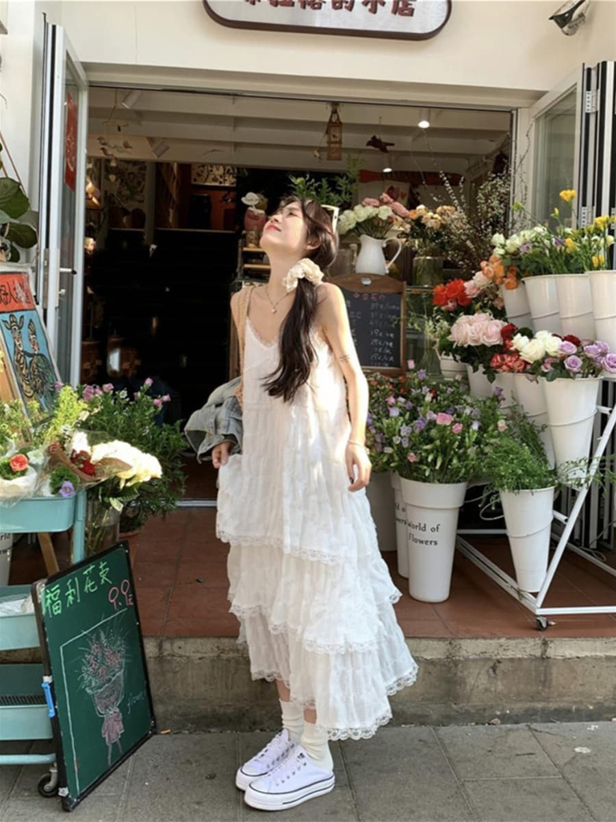 ロングワンピース レース ティアードレース重ね重ねマキシ丈ワンピース