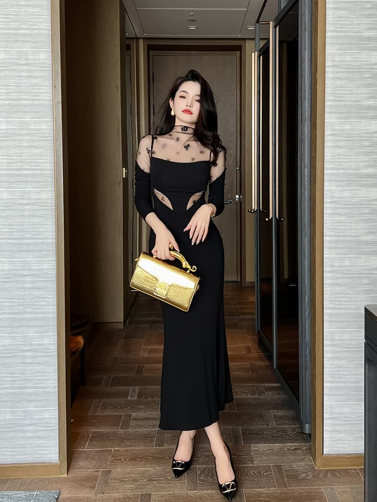 ロングワンピース レース シースルー切り替え上品ロングワンピース