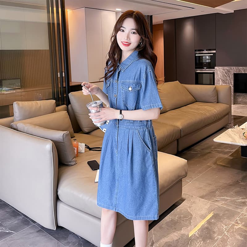 ロングワンピース デニム シンプル清楚なデニムシャツワンピース