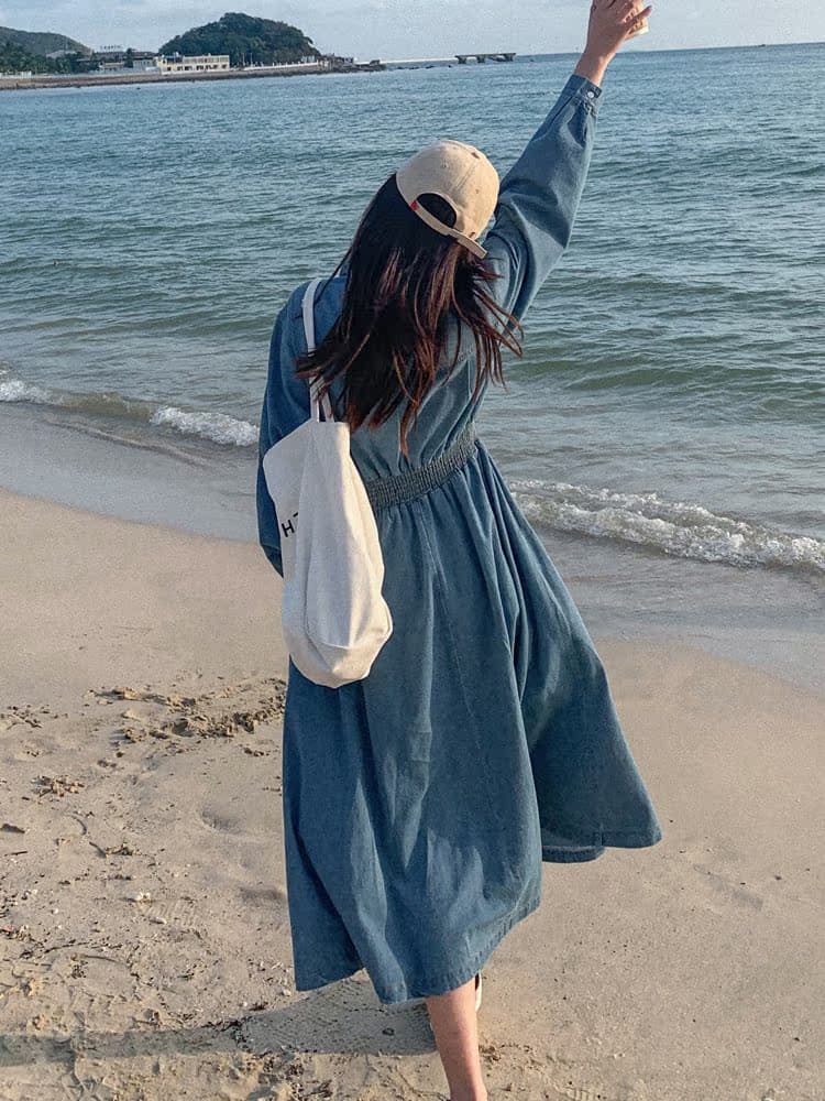 ロングワンピース デニム ウエストゴム入りシャツ襟長袖デニムロングワンピース