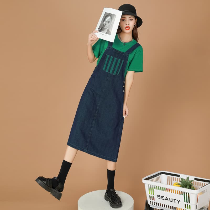 ロングワンピース デニム ゆったりシルエットサロペットワンピース