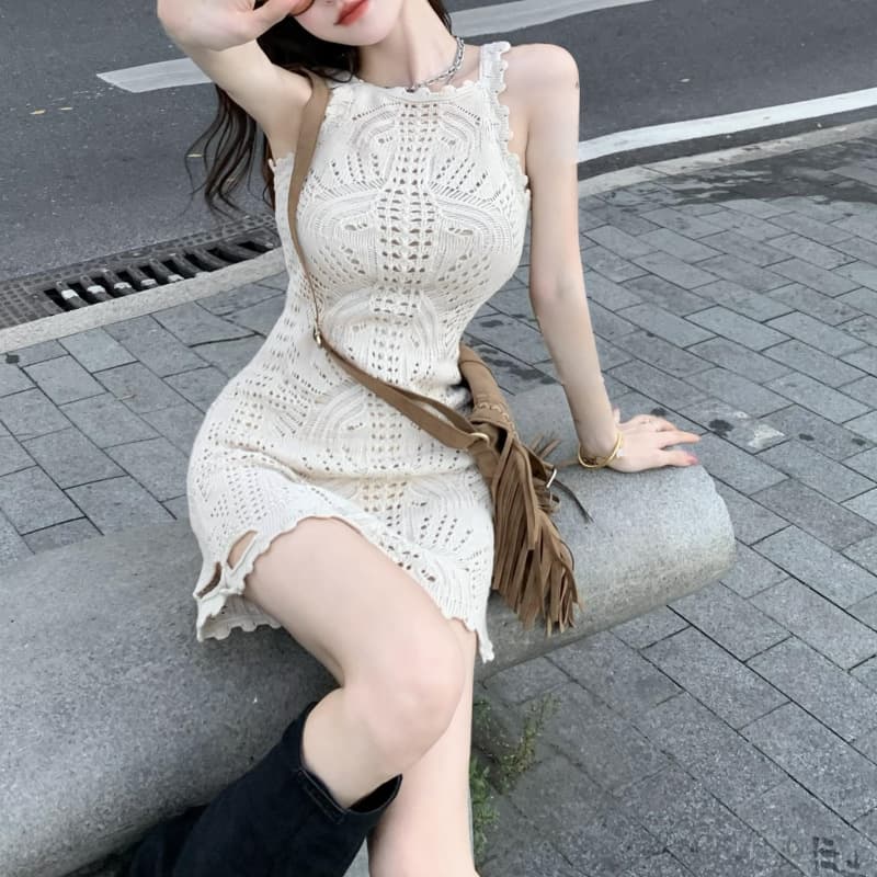 ロングワンピース 夏新作 透かし編みニット ノースリーブ ワンピース 韓国風
