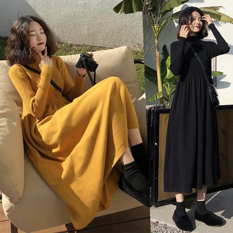 ロングワンピース タートルネック 上品タートルネックニットロングワンピース