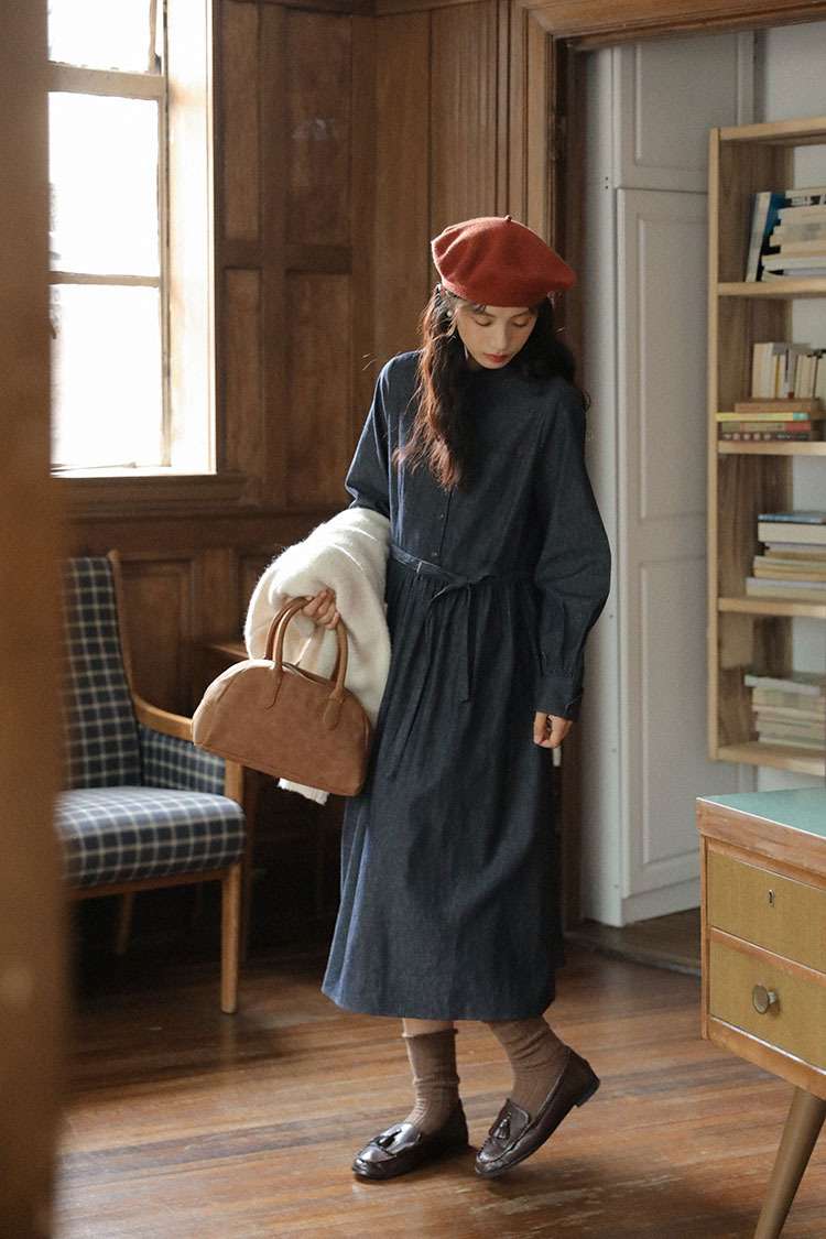 ロングワンピース ゆったりデニムギャザーワンピース