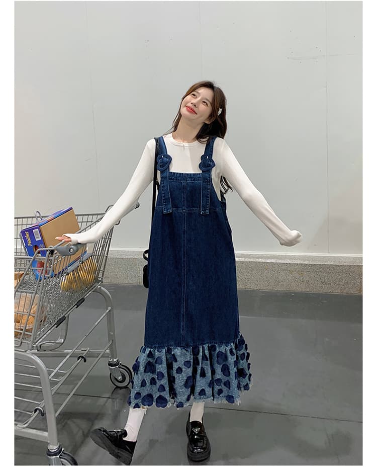 ロングワンピース ハートフリルデニムサロペットワンピース