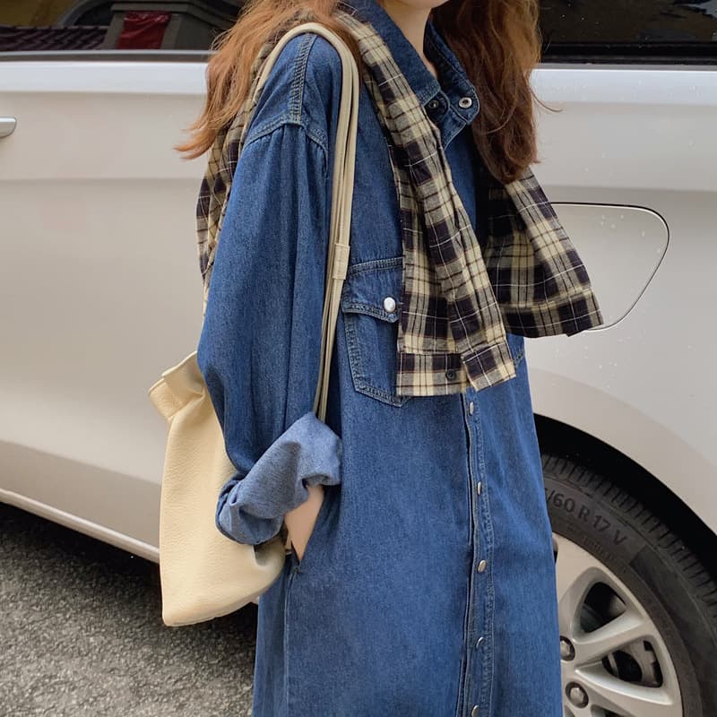 ロングワンピース レトロ風デニムシャツワンピース 長袖ゆったり膝下丈