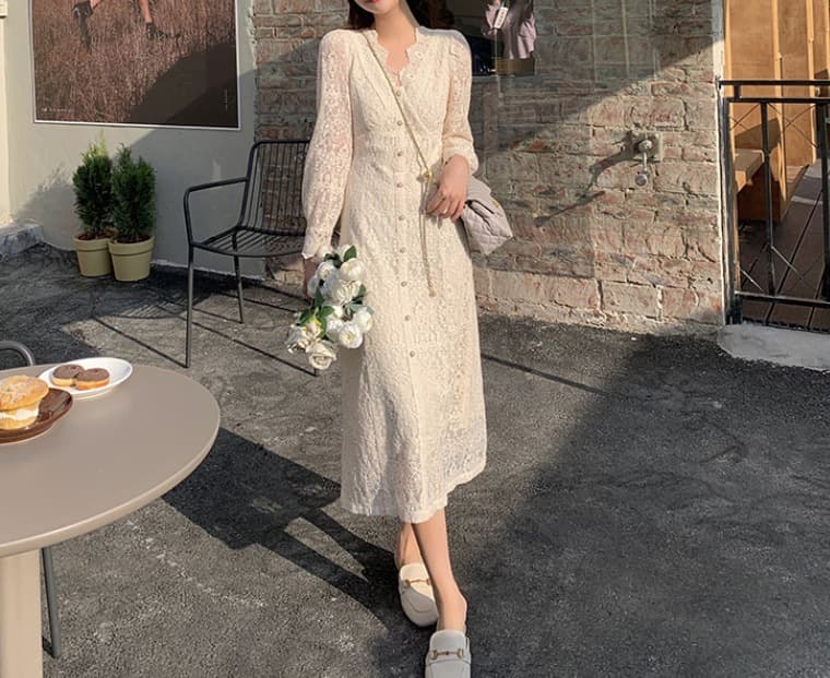 ロングワンピース 優美な花嫁風総レースワンピース