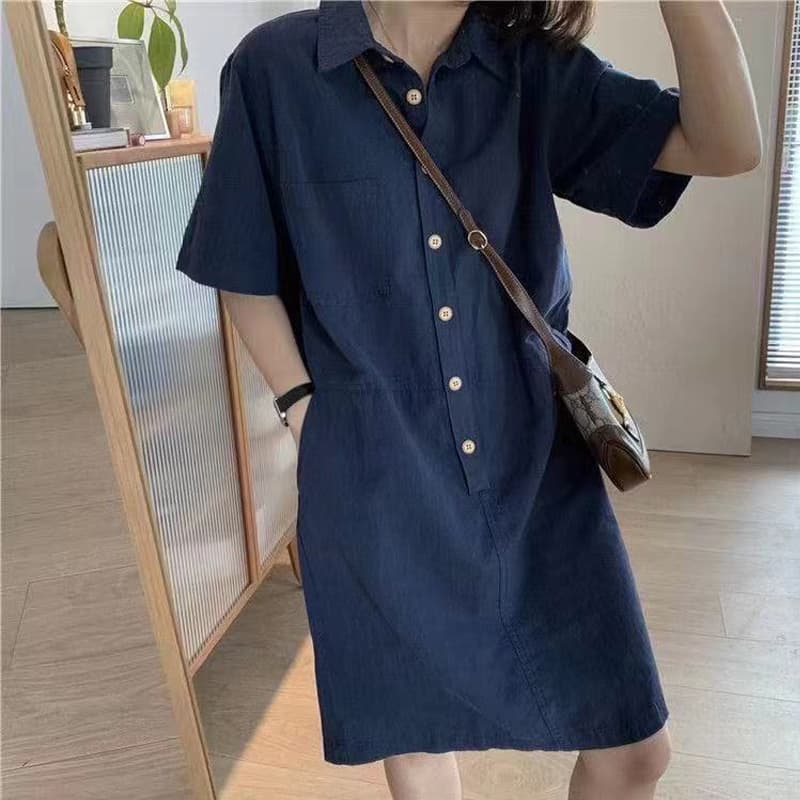 ロングワンピース シャツ ゆったり半袖シャツ襟ロングワンピース
