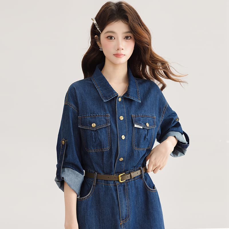 ロングワンピース デニム クラシカルロールアップデニムワンピース